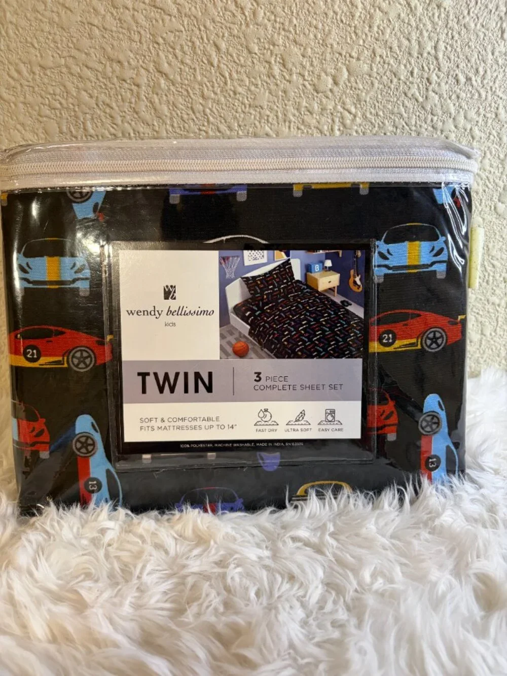 Wendy Bellissimo Kids Race Car Twin 3 Piece Sheet Set Cars Fast Bedding NWT